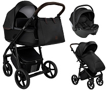 Детская коляска Roan Esso Кожа 3 в 1 с автокреслом Pituso Baesa Pro Black ESSK/210/1 Black /Black/руч.Тем.коричневый