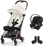 Коляска Cybex Coya Rosegold Frame Aton B2 i-Size Volcano Black 2 в 1 Off White с дождевиком и бампером