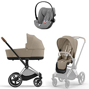 Коляска Cybex Priam IV Chrome Brown complete и автокресло Cloud G i-Size Stone Grey Plus 3 в 1 Cozy Beige