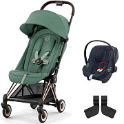 Коляска Cybex Coya Rosegold Frame Aton B2 i-Size Bay Blue 2 в 1 Leaf Green с дождевиком и бампером