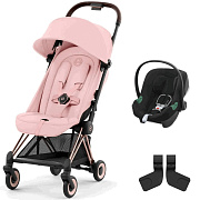 Коляска Cybex Coya Rosegold Frame Aton B2 i-Size Volcano Black 2 в 1 Peach Pink с дождевиком и бампером
