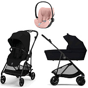 Коляска Cybex Melio Carbon Cloud T i-Size Peach Pink Plus 3 в 1 Magic Black с дождевиками