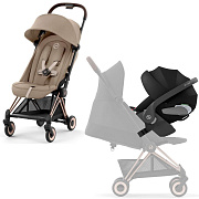 Коляска Cybex Coya Rosegold Frame Cloud T i-Size Sepia Black 2 в 1 Cozy Beige с дождевиком и бампером