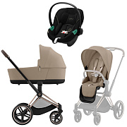Коляска 3 в 1 Cybex Priam IV Rosegold complete и автокресло Aton S2 i-Size Moon Black Cozy Beige