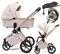 Детская коляска Peppy Monaco Plus 4 в 1 с автокреслом Welldon Crown 2 Beige и базой Beige (бежевый), рама беж, шлифованный алюминий