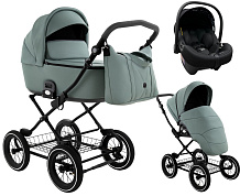 Детская коляска Roan Bass Next Classic Кожа d12 3 в 1 с автокреслом Elo Lux EduSky Black RCL303/1 Misty Mint/Grey