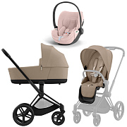 Коляска 3 в 1 Cybex Priam IV Matt Black complete и автокресло Cloud T i-Size Peach Pink Plus Cozy Beige