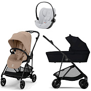 Коляска Cybex Melio Carbon Cloud G i-Size Fog Grey 3 в 1 Almond Beige/Magic Black с дождевиками