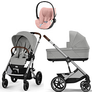 Коляска Cybex Balios S Lux SLV complete Cloud T Peach Pink Plus 3 в 1 Stone Grey с дождевиками