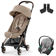 Коляска Cybex Coya Rosegold Frame Aton S2 i-Size Lava Grey 2 в 1 Cozy Beige с дождевиком и бампером