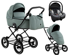 Детская коляска Roan Bass Next Classic Кожа d12 3 в 1 с автокреслом Elo Lux EduSky Grey RCL303/1 Misty Mint/Grey