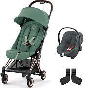 Коляска Cybex Coya Rosegold Frame Aton B2 i-Size Steel Grey 2 в 1 Leaf Green с дождевиком и бампером