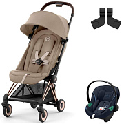 Коляска Cybex Coya Rosegold Frame Aton S2 i-Size Ocean Blue 2 в 1 Cozy Beige с дождевиком и бампером
