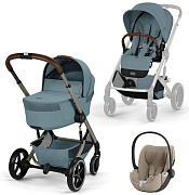 Коляска Cybex Balios S Lux Fold Cot TPE Cloud T Cozy Beige Plus 3 в 1 Stormy Blue с дождевиками