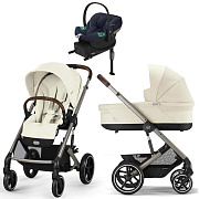 Коляска Cybex Balios S Lux TPE complete Aton S2 Ocean Blue Base One 4 в 1 Seashell Beige с дождевиками
