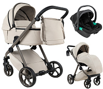 Детская коляска Pituso Sole Leather 3 в 1 с автокреслом Santiso Pro Black PMPL/02 Latte