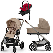 Коляска Cybex Balios S Lux TPE complete Aton B2 Dynamic Red Base One 4 в 1 Almond Beige с дождевиками