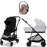 Коляска Cybex Melio Carbon Cloud G i-Size Almond Beige Plus 3 в 1 Magic Black с дождевиком/Fog Grey